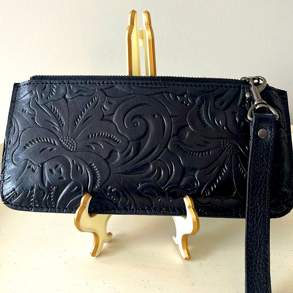 Patricia Nash black embossed, leather wristlet